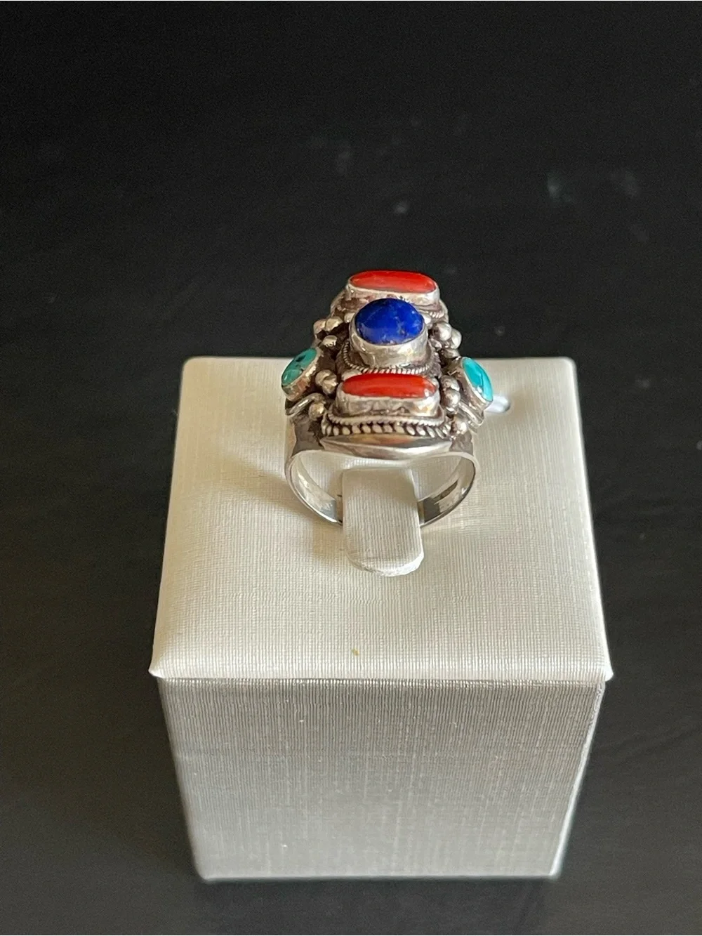 Vintage 925 Sterling genuine lapis turquoise,red coral Statement Ring.